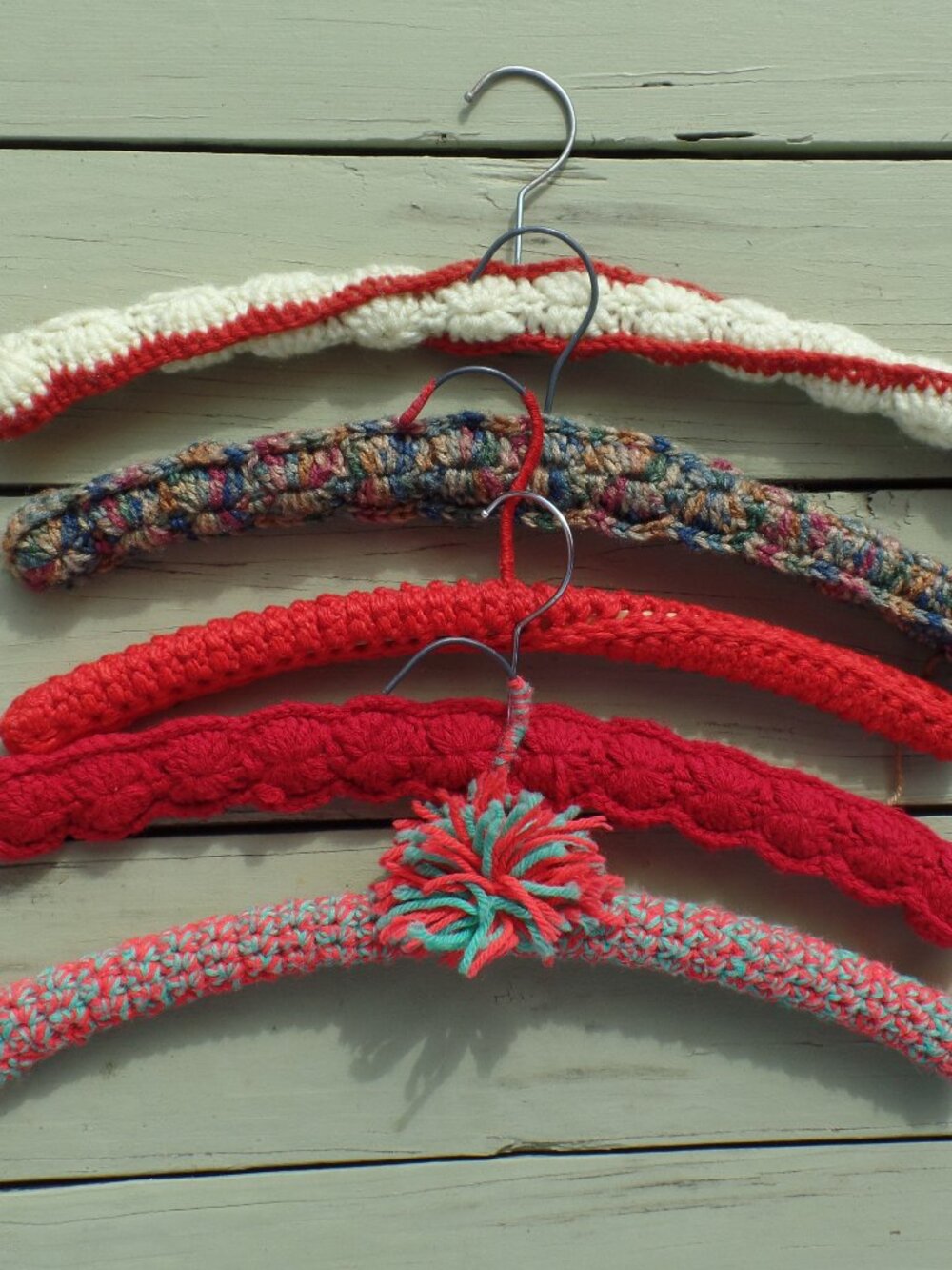 Vintage Hand Crocheted Hangers SET of 5 REDS